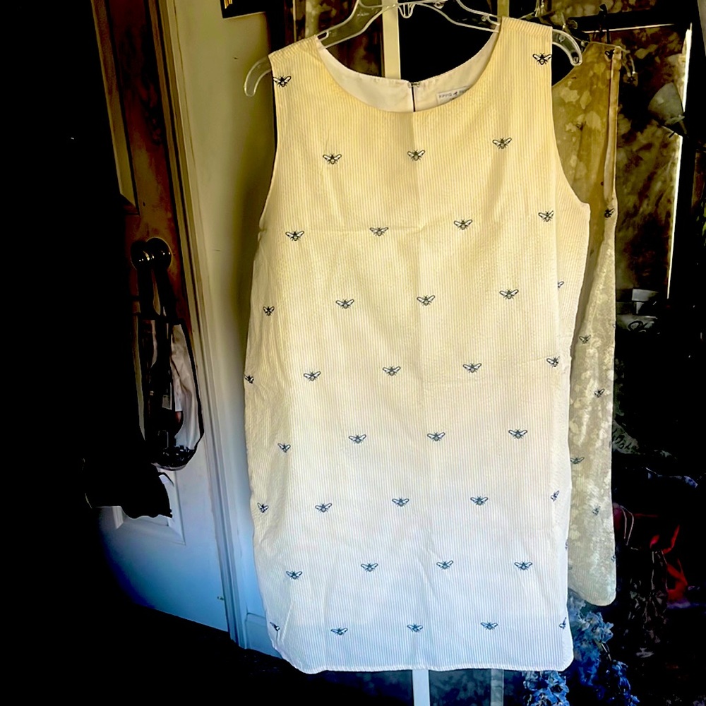 Piping prints embroidered bee seersucker dress
